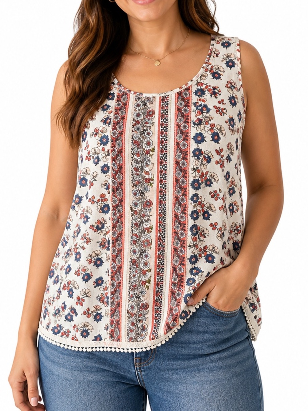Xhilaration Cream Tank Top with Blue and Red Floral Stripe